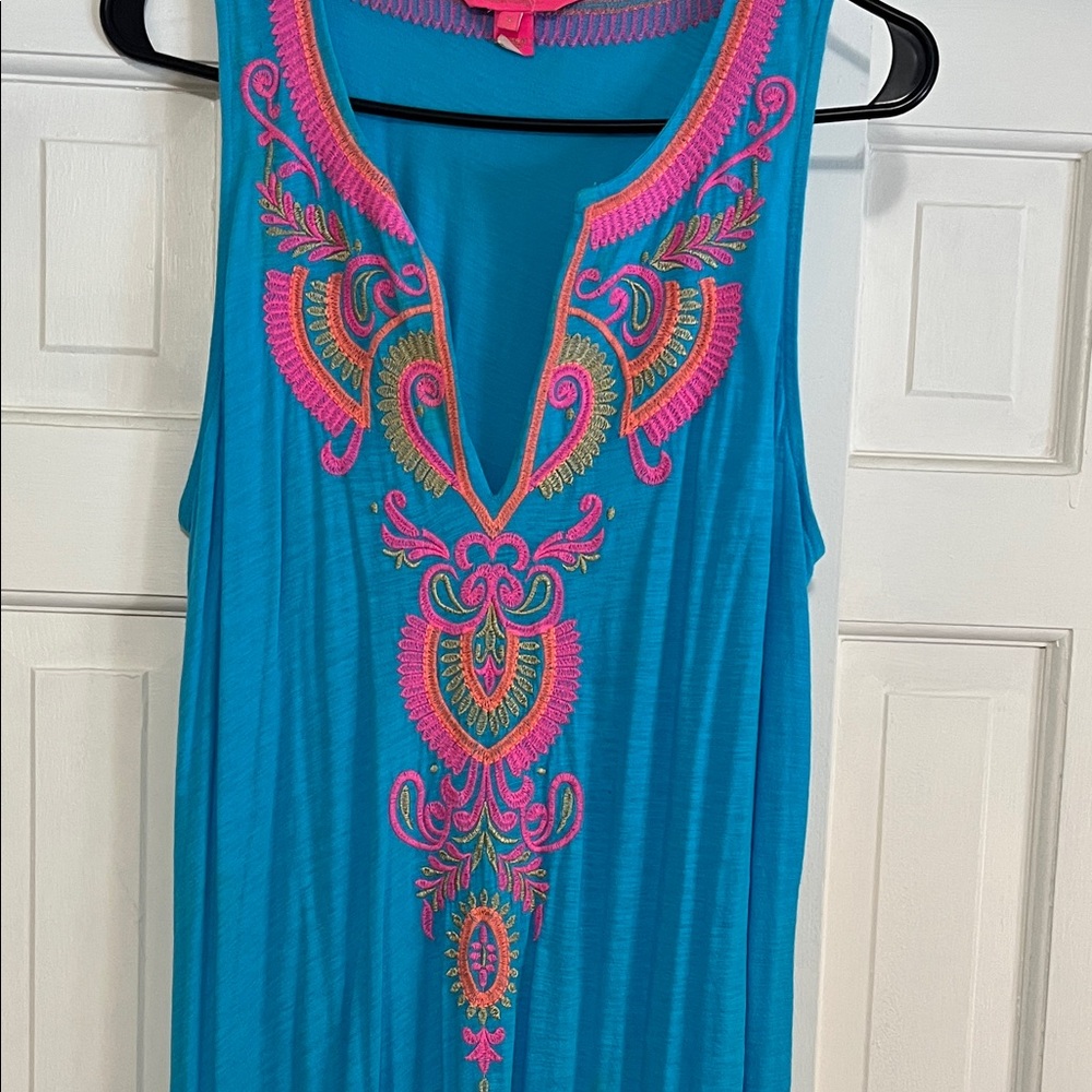 Lilly Pulitzer Turquoise beach cover up with Pink Embroidery - Picture 4 of 4